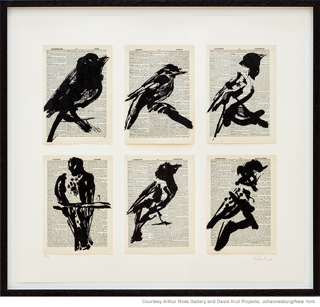 William Kentridge, Universal Archive (Six Birds) 2012, linocut printed on page from the Shorter Oxford English Dictionary. Courtesy Arthur Ross Gallery and David Krut Projects, Johannesburg/New York. 