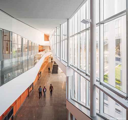 A soaring, light-filled atrium gives a feeling of transparency, while a specially designed orange-tinted wall protects the lab space behind it from damaging ultraviolet light.