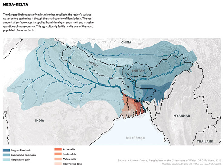 Mega-Delta: The Ganges-Brahmaputra-Meghna river basin collects the re-gion’s surface water before siphoning it through the small country of Bangla-desh. The vast amount of surface water is supplied from Himalayan snow melt and massive quantities of monsoon rain. This agriculturally fertile land is one of the most populated places on Earth.