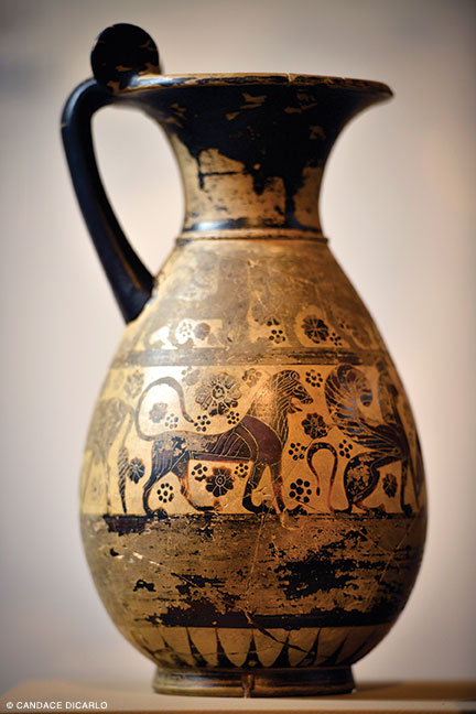 Ceramic wine pitcher, 620-590 BCE, from the Mediterranean islands, representative of the “Orientalizing” style of Greek pottery. 