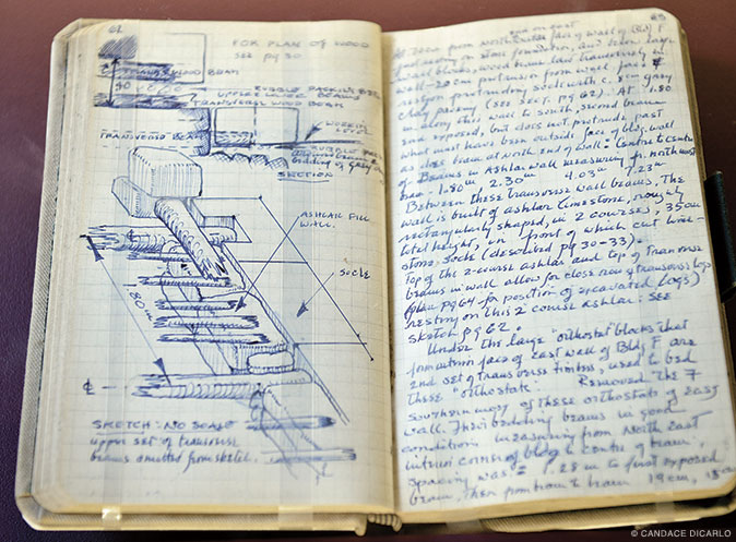 Every archaeological supervisor at Gordion has kept excavation-trench diaries; there are more than 200 in all. These pages, written on April 30, 1961, document excavations of the Citadel Mound, including a sketch of one of the buildings being uncovered. 