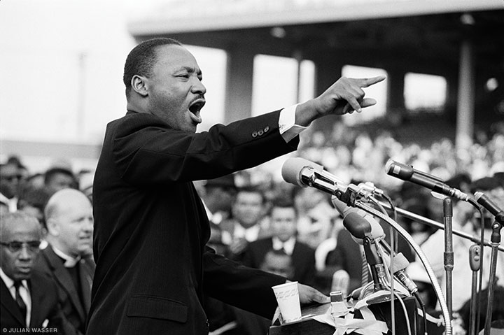 Martin Luther King speaking in Los Angeles. The photo, one of President Obama’s two favorites, hangs in the White House (1963, Time).