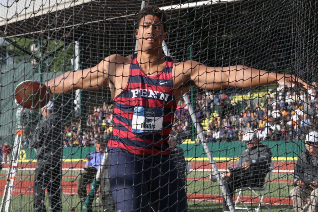 Sam Mattis competes in the men's discus final at the NCAA Championships.