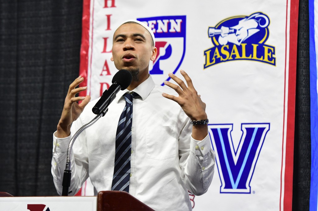 Jaaber speaks his heart out at Monday's Big 5 Hall of Fame induction ceremony. (Greg Carroccio/Sideline Photos)