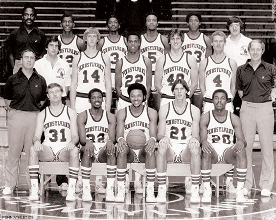 First row, from left to right: seniors Ed Kuhl, Bobby Willis, Tony Price, Matt White, Tim Smith. Sec-ond row: Head coach Bob Weinhauer, manager Kevin O’Brien, Tom Condon, Vincent Ross, Tom Leif-sen, Ted Flick, assistant coach Bob Staak. Third row: Assistant coach Dennis Jackson, Angelo Rey-nolds, James “Booney” Salters, David Jackson, Ken Hall, manager Peter Bagatta. Photo courtesy Penn Athletics.