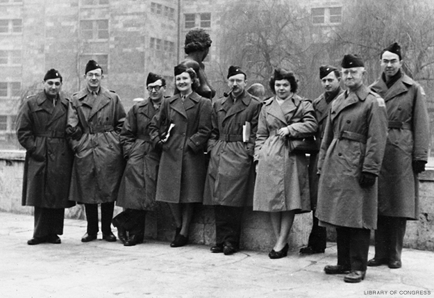 Photo: Library of Congress European Mission, 1946.  Reuben Peiss in the center, with a pipe. Photo courtesy Library of Congress.