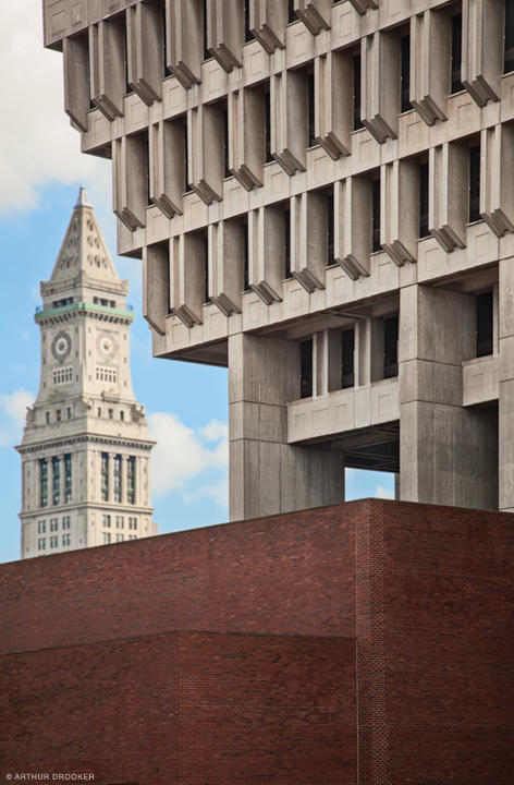 Boston’s Brutalist City Hall, foreground. Photo by Arthur Drooker.