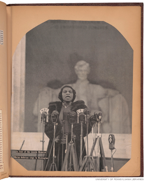 Page from a 1944 scrapbook, with photo of Marian Anderson singing at the Lincoln Memorial.