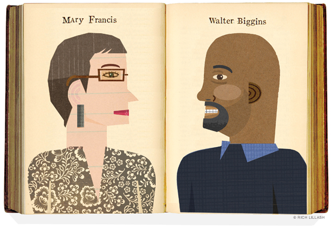 Illustrated portraits of Mary Francis and Walter Biggins