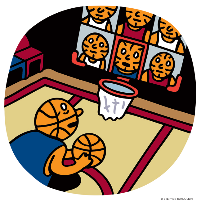 Illustration of men and women basketball players shooting hoops remotely