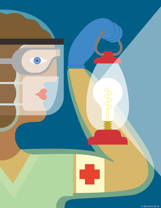 Illustration of modern day nurse with guiding light like Florence Nightingale