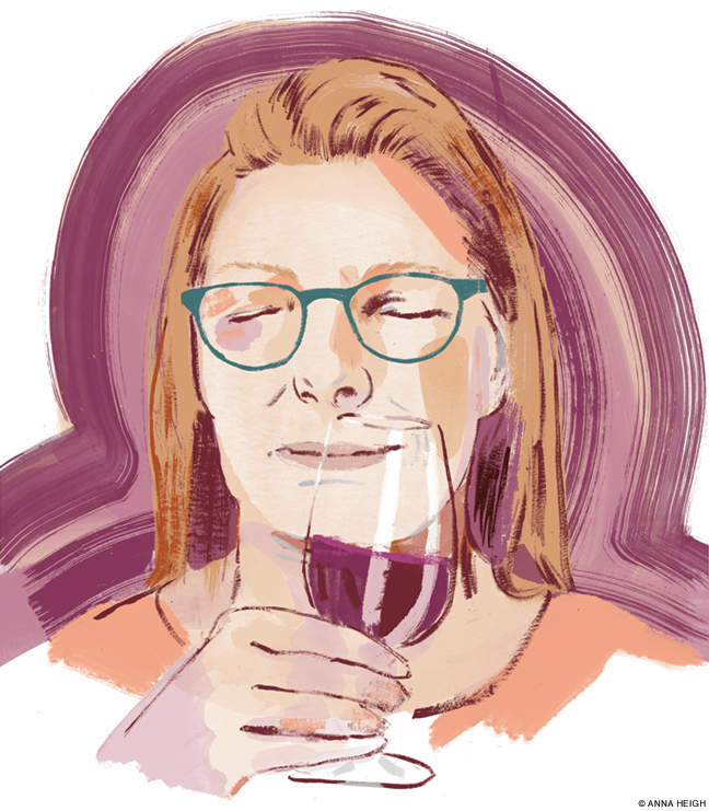 Illustration of Mary Ewing-Mulligan with glass of wine