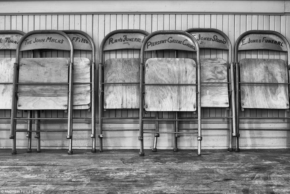 Photo of chairs with donors’ names, Russell School, Durham County, North Carolina