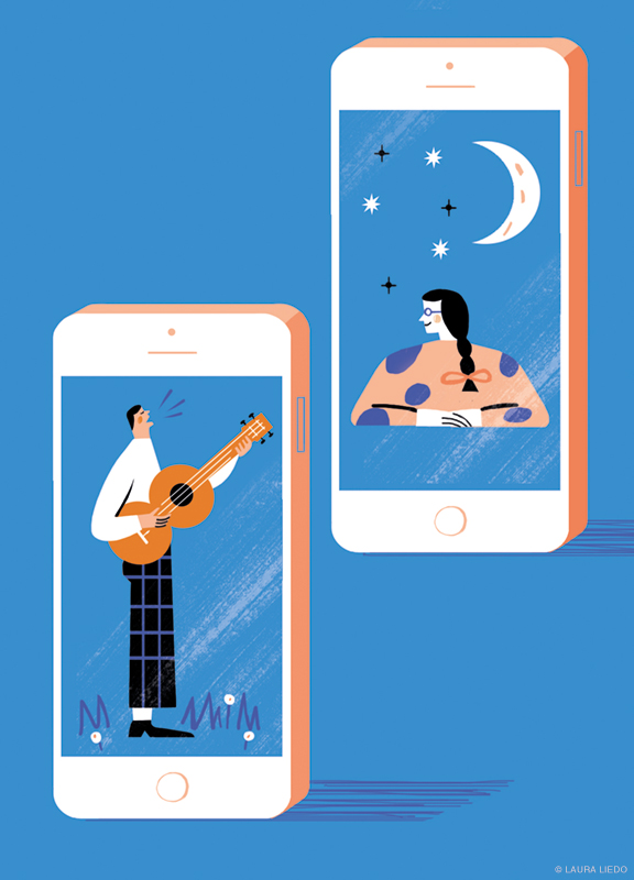Illustration of two cellphones, with a figure in one serenading a figure in the other