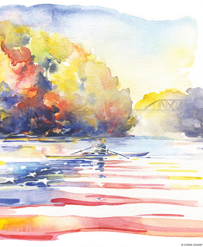 Watercolor painting of a rower on the Hudson River