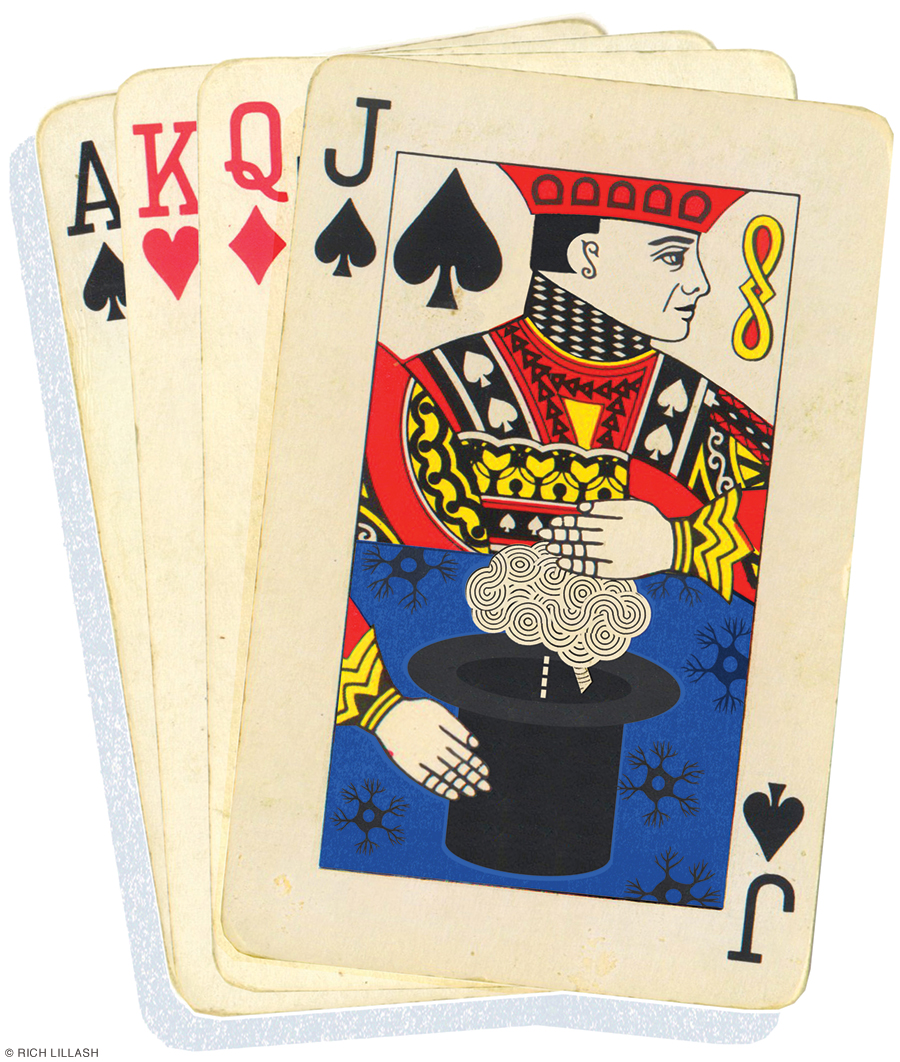 Illustration of playing cards with the Jack of spades as magician