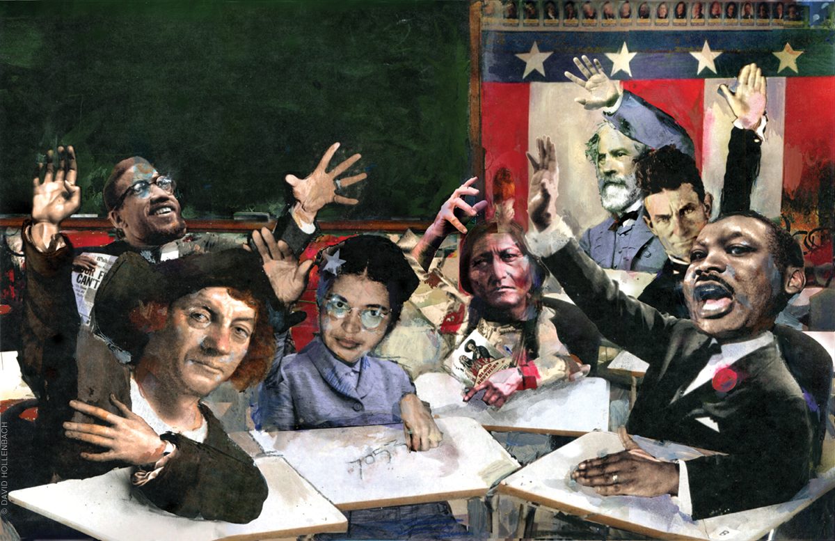 Illustration of historical figures in a classroom setting