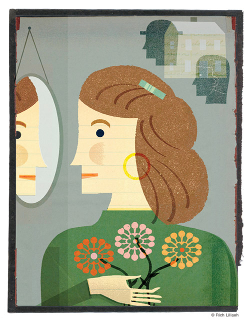 Illustrated portrait of a woman looking into a mirror holding a bouquet of flowers, with reflections of husband and father in background. Collage on endsheet of old book cover.