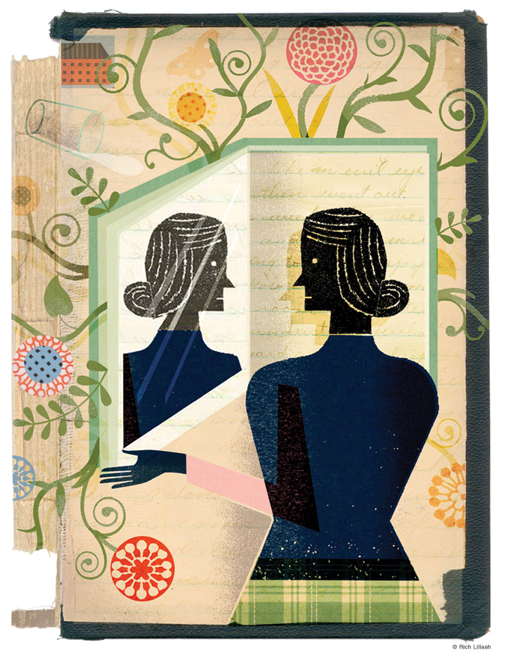 Illustration of a woman looking into a book as a mirror. Collage on endsheet of old book cover.