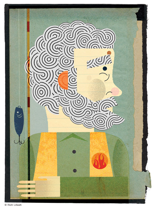 Illustrated portrait of a man holding a fishing rod. Collage on endsheet of old book cover.