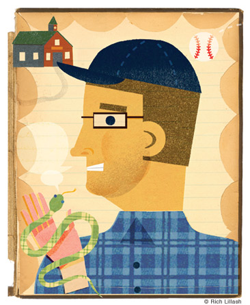 Illustrated portrait of a man holding a snake and recalling his school days. Collage on endsheet of old book cover.