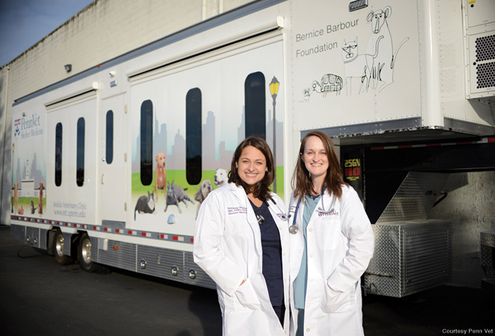 Photo of Brittany Watson and Chelsea Reinhard standing in front of Penn Vet’s mobile unit.