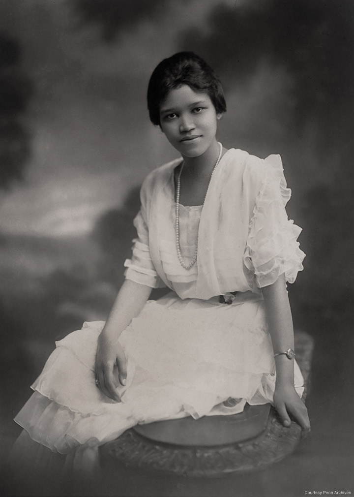 Photo of Sadie Tanner Mossell Alexander, in the white dress she 
wore for her PhD graduation, 1921.