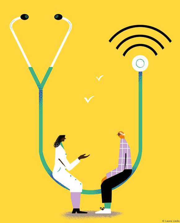 Illustration of a doctor and patient sitting on a bench made from a stethoscope with a wifi signal coming out of one end