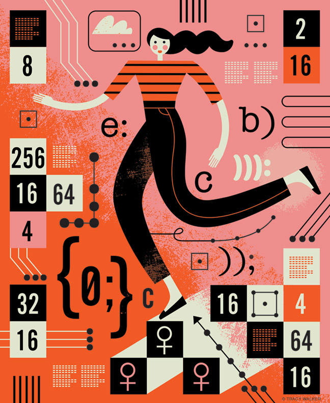 Illustration of a woman inside a math game