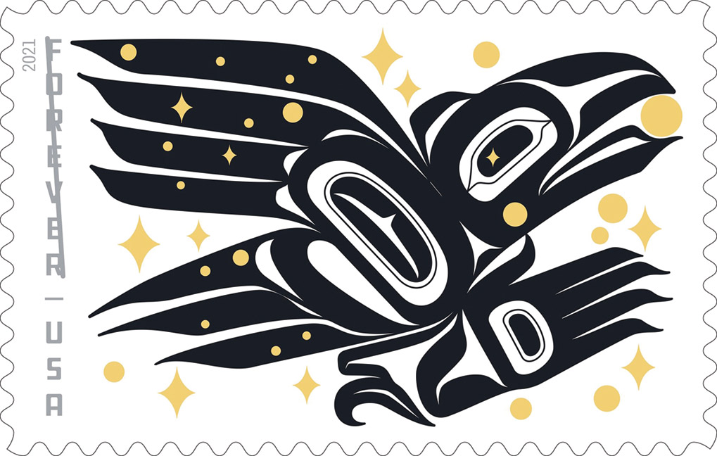 Reproduction of the postage stamp designed by Rico Worl, depicting the Tlingit story known as “Raven and the Box of Daylight.”