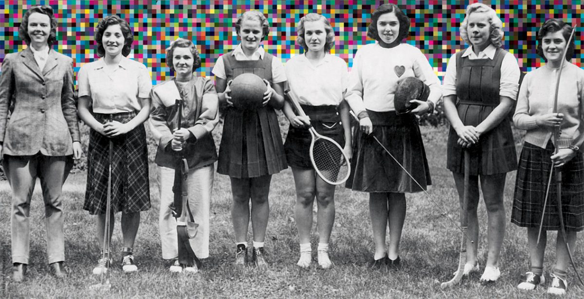 Archival photo of the captains of Penn’s women’s teams in 1940, showing off their uniforms and equipment. 