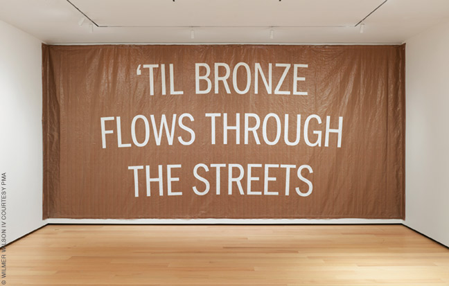 ‘TIL BRONZE FLOWS THROUGH THE STREETS, 2020, by Wilmer Wilson IV. UV print on vinyl.