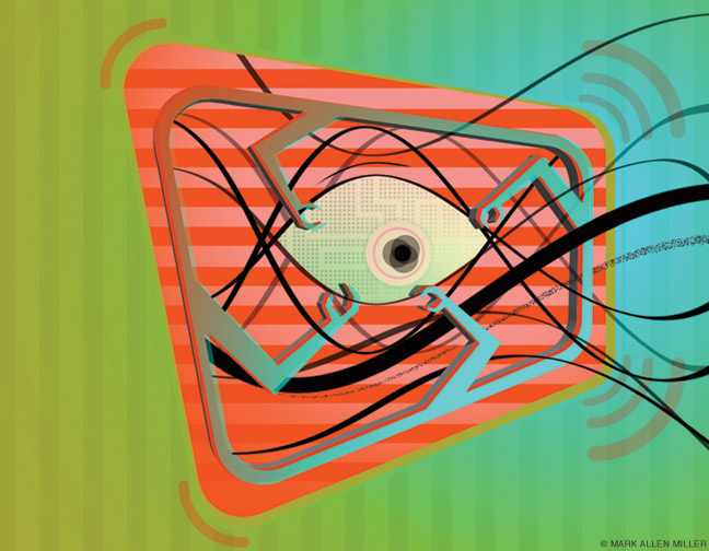 Illustration of voice waves going into a smart speaker and being analyzed