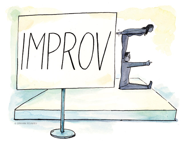 Illustration of two people forming the letter E to change the word "Improv" into "Improve."