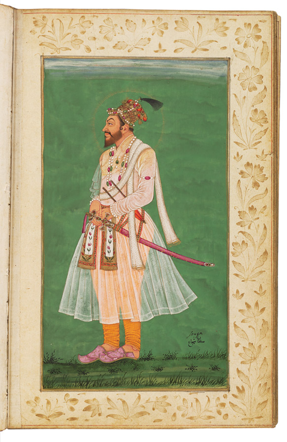 Page from the Deccani portrait album beginning with the Mughal emperors, proceeding to the Deccani kings, then closing with the Safavid shahs. Possibly produced during the reign of Abul Hasan Qutb Shah (r. 1672-1687).