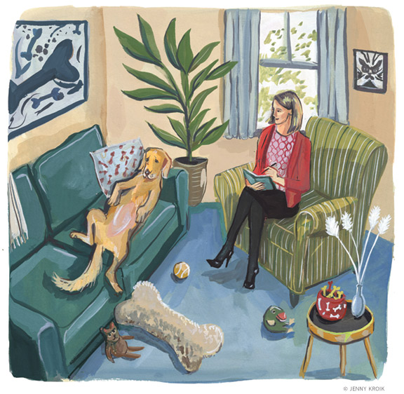 Illustration of a dog on a therapist's couch.