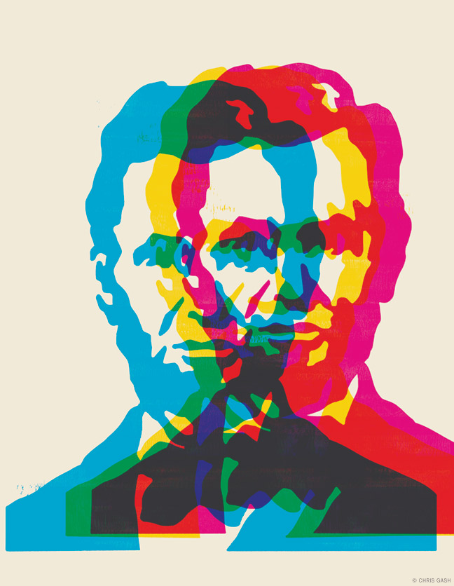 Illustrated portrait of Abraham Lincoln using offset images in cyan magenta and yellow