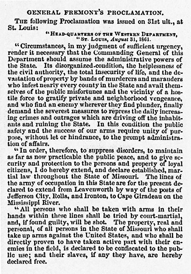 Newspaper clipping of General Fremont's Proclamation