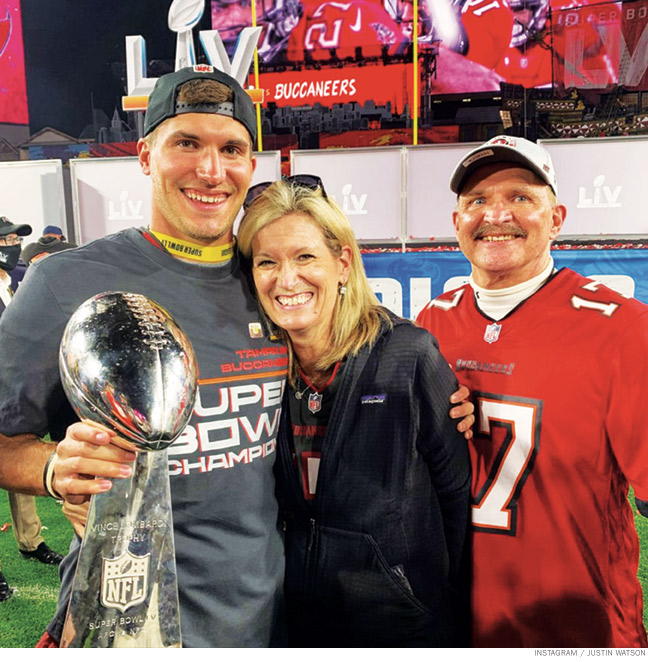 Photo of Justin Watson with the Lombardi Trophy.