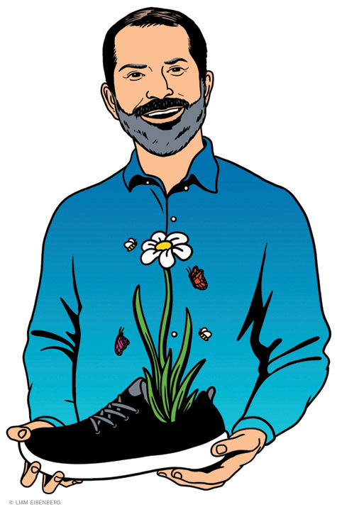 Illustration of Joey Zwillinger holding a shoe that contains a growing flower