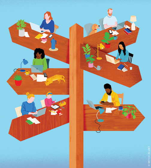 Illustration of workers at desks as part of a signpost