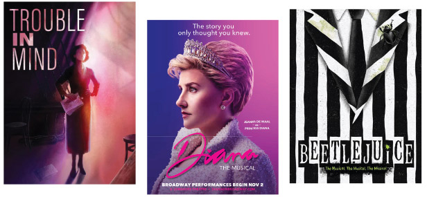 Theater posters for Trouble in Mind, Diana, Beetlejuice