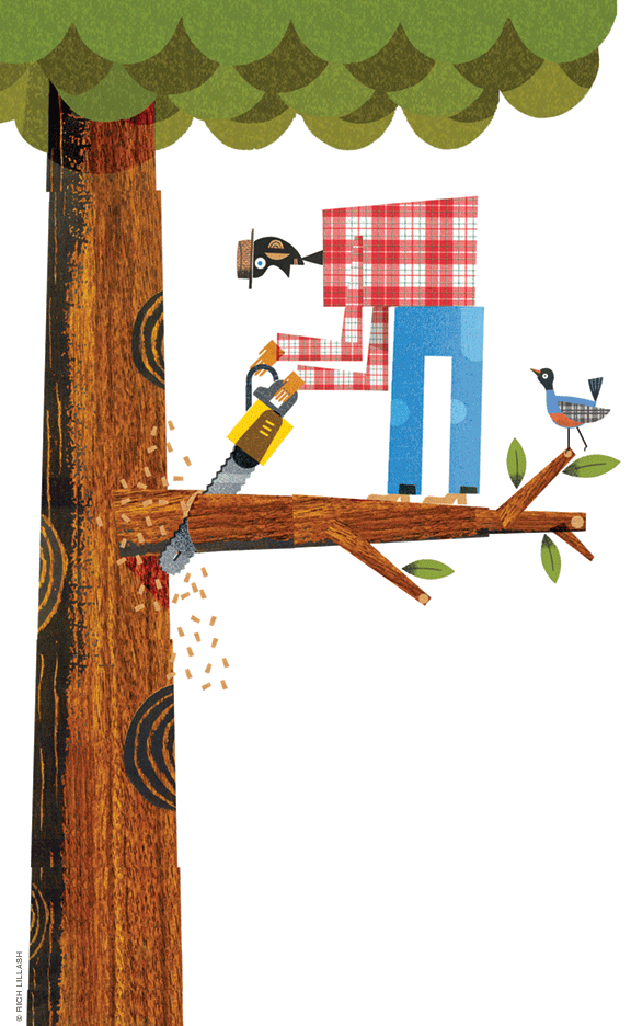 Illustration of man sawing off a branch upon which he is standing