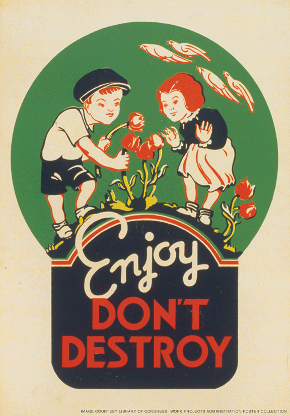 WPA poster of children with flowers: Enjoy Don't Destroy