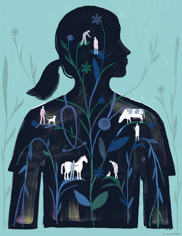 Illustration of veterinarian figure silhouetted with images representing the profession, and well-being