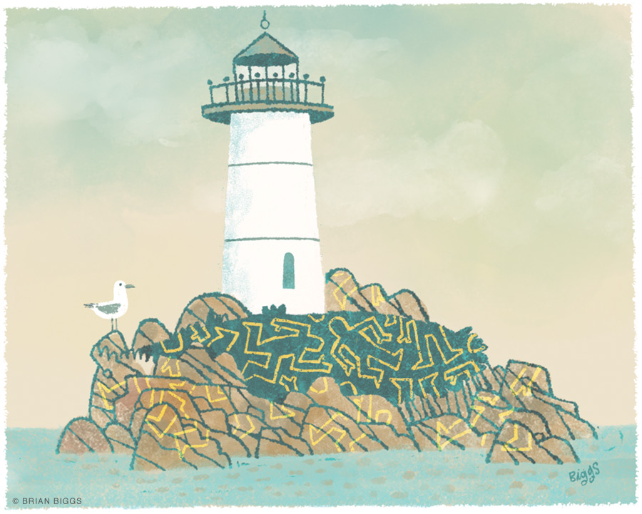 Illustration showing body outlines around a Maine lighthouse