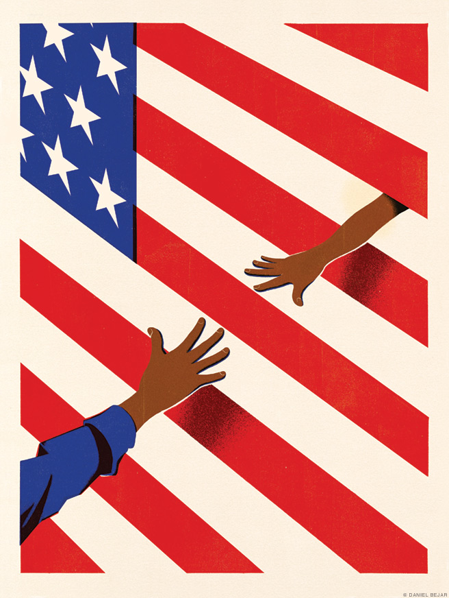 Illustration of a child reaching through the American flag for an adult's outstretched hand