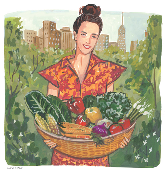 Illustration of Rachel Drori holding basket of fruit and vegetables 
