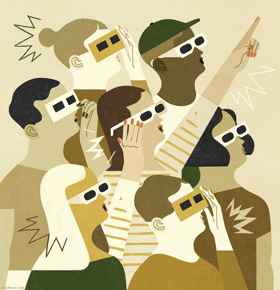 Illustration of people with protective eyewear looking up to the sky